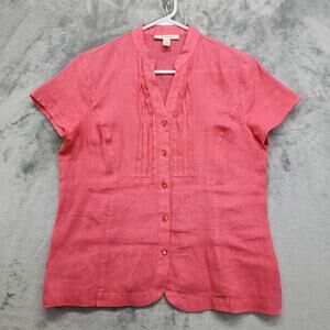 JM Collection Top Womens 8 Pink Linen Short Sleeve Pintuck Pleated Button Front